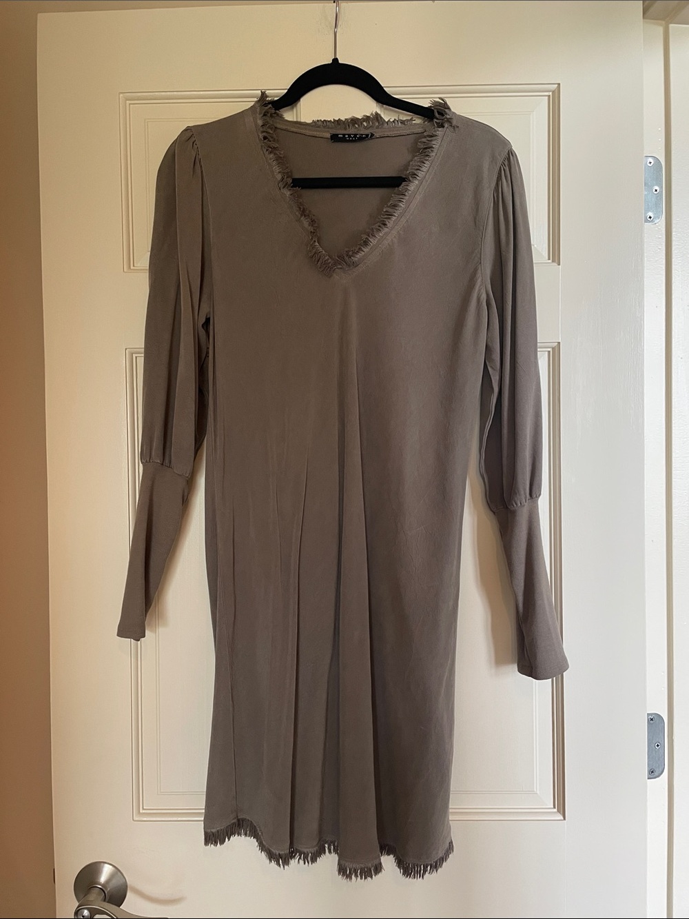 Maven West Taupe V-Neck Long Sleeve Fringe-Trim Dress